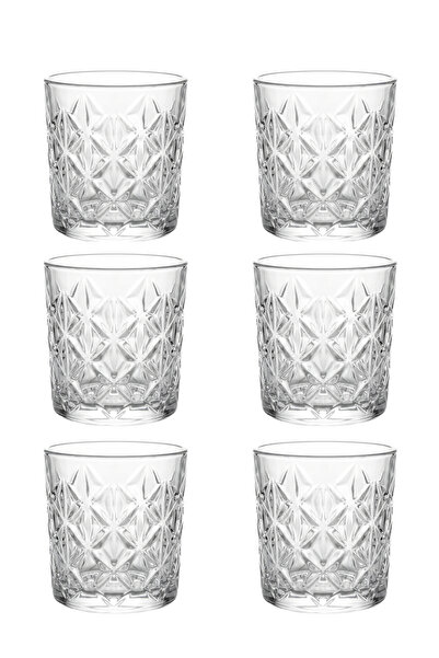 Malooki Set of 6 Star glass whiskey glasses, engraved star pattern, 340ml, Sheer