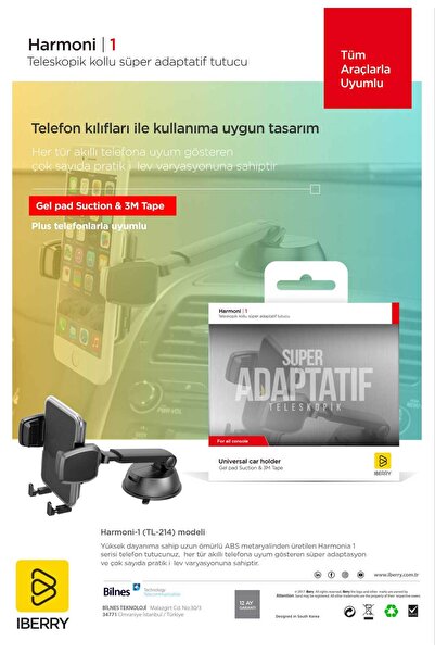İBERRY HARMONİ1 H01 TELESKOPİK VANTUZLU SÜPER ADAPTATİF ARAÇ İÇİ TELEFON TUTUCU Tüm Cihazlarla Uyumludur