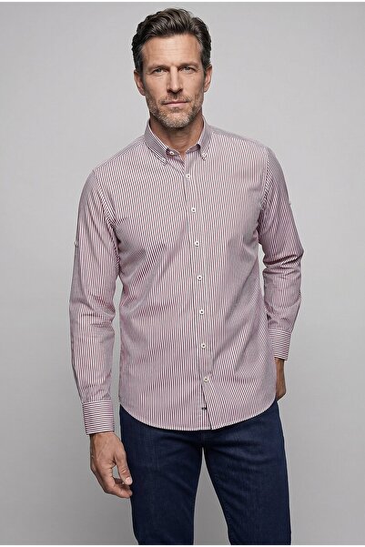 Bisse Burgundy Regular Fit Cotton Pocketless Lapel Collar Long Shirt