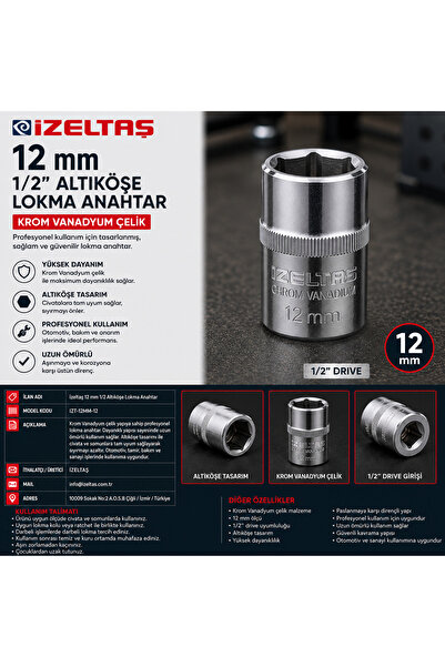 İzeltaş 12 mm 1/2 Altıköşe Lokma Anahtar