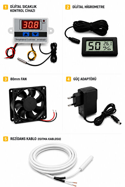 GARANTİ KULUCKA 5 li Kuluçka Seti, termostat, fan, adaptör, nemölçer, Higrome...