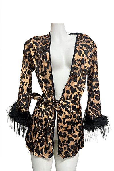 Generic Leopard Print Satin Robe with Feather Cuffs Silky Dressing Gown with ...