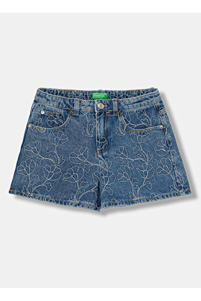 United Colors of Benetton Lacivert Kız Çocuk İşlemeli Denim Şort 4985C904F
