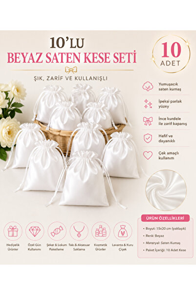 redbuttonkidsstore 10’lu Beyaz Saten Kese Seti – İnce Kurdele Büzgülü Hediyel...