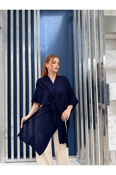 NEW JOURNAL Women's Navy Blue Front Detailed Poncho Cardigan Frv0192