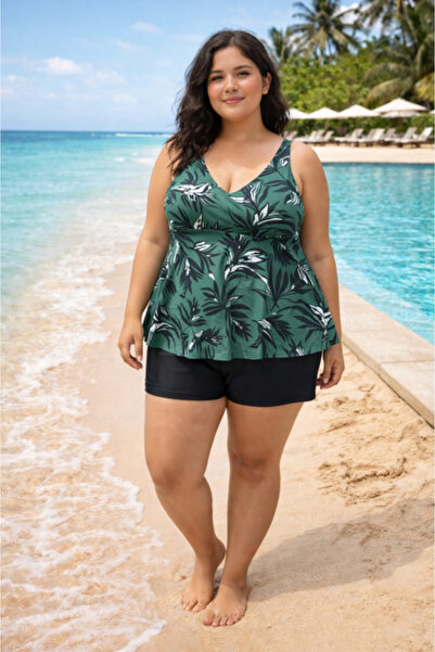 FUBA Tropical green tankini swimsuit with shorts – Plus Size