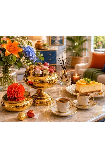 RoyalDecorHome Dekoratif Tekli Mercan Ayaklı Şekerlik, Kutu&Obje Gold/Küçük