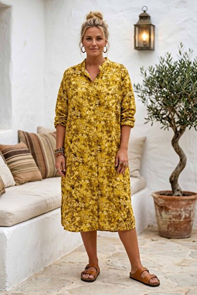 Chiccy Mustard Color, High Collar, Long Sleeve, Patterned, Buttoned, Hidden P...