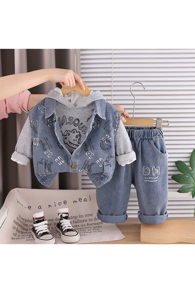 nannie Set gri pentru băieți, 3 piese – Vestă din denim, hanorac și blugi - 1...