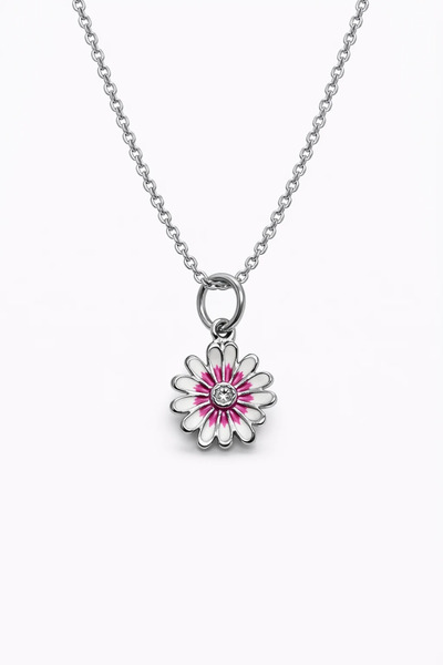 MakeWell Daisy Figured Steel Necklace – Blue and White Enamel Detailed Zircon...
