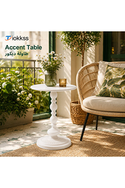 Tiokkss White Round Side Table, 40cm Vintage Pedestal Accent Table, Small Cof...