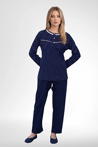 by İGP Navy Blue 100% Cotton Polka Dot Plus Size Women's Pajama Set