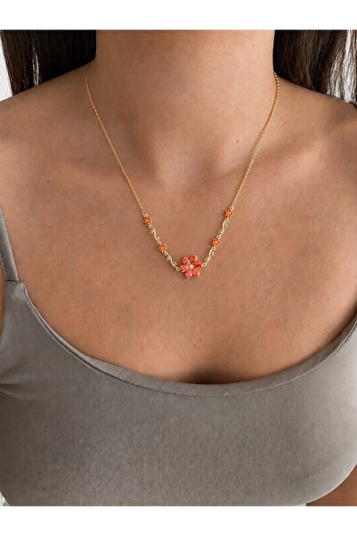 LEROSY CO. Flower Stone Detailed Necklace Women's Colorful Stone Chain Necklace