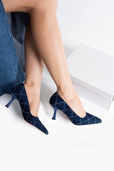 TrendWalk Kadın Lacivert Denim Kod Kumaş Tasarım Sivri Burun Stiletto Modern ...