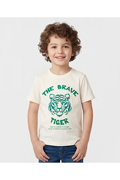 Pine kids Cotton Knit Half Sleeves T-Shirt with Tiger Print - White