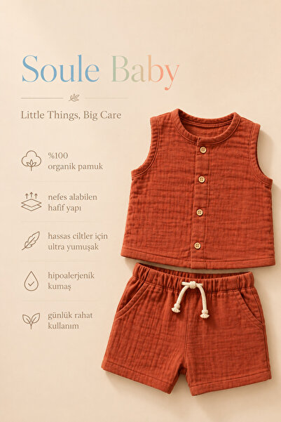 Soule Baby Terracotta Organik Müslin Bebek Takımı – Premium Yazlık 2’li Şortlu Takım