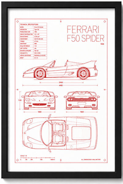 FERRARI F50 SPIDER Blueprint Line Art | Limited Edition A3 |