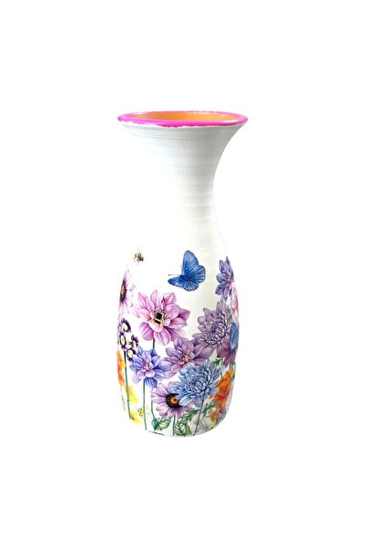 OEM Vaza din ceramica alba de marginea, 25 cm, decorata cu flori multicolore ...