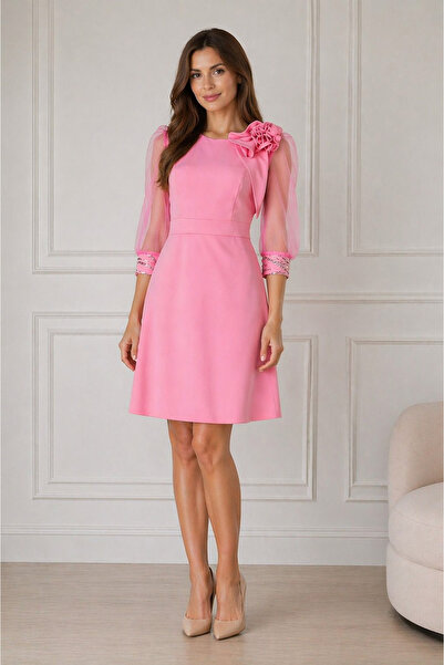 Ella Collection Rochie Zina cu floare si maneci cu dantela pretioasa