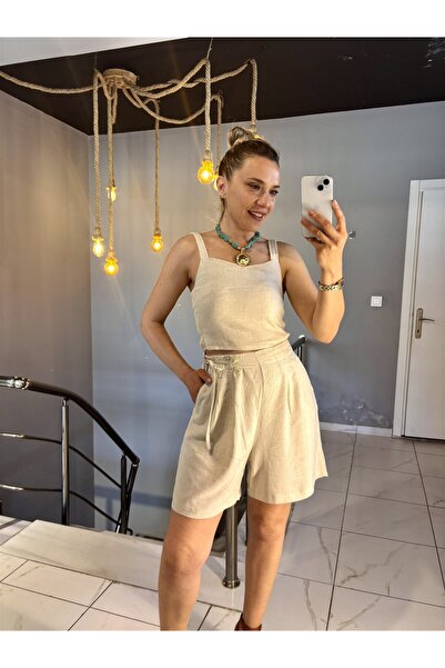 Gözde Tasarım Butik KADIN NATUREL KREM % 100 PAMUK BELİ LASTİKLİ BOL PAÇA KIS...