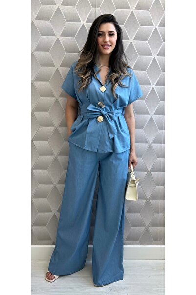 styleFlex Women's %100 cotton suit - Top Bottom Set with shirt, gold brooches...