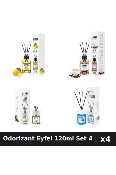 Eyfel Set 4 Odorizant Cameră cu Betișoare 120ml - Lămâie, Cafea, Lacramioare,...