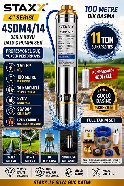 STAXX POWER SSA304 Çelik Şaftlı 14 Kademeli Derin Kuyu Dalgıç Pompa Sistemi 1...