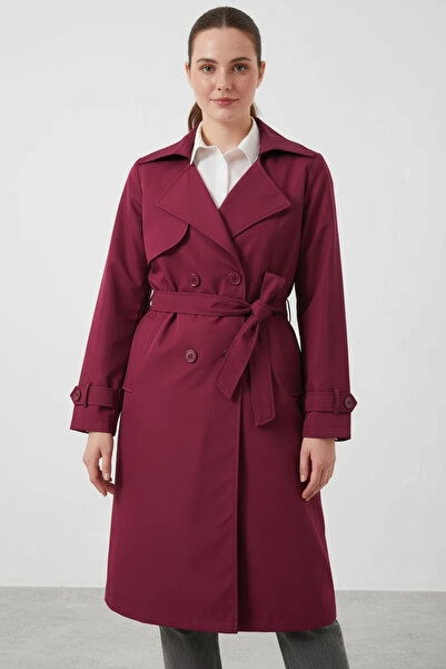 buğrahayalin Women's Double Breasted Collar Belted Burgundy Trench Coat