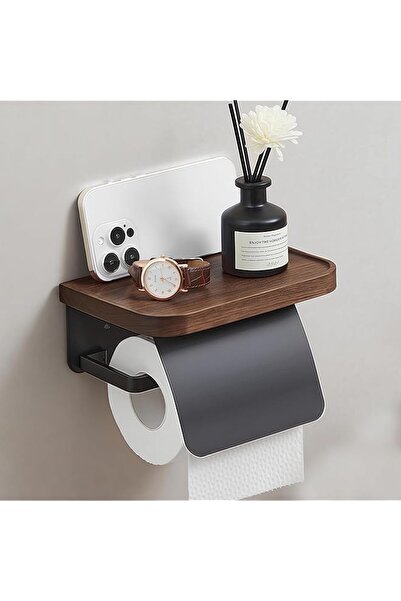 The Bros Toilet Paper Holder with Shelf – Walnut Wood Wall Mount Toilet Tissu...
