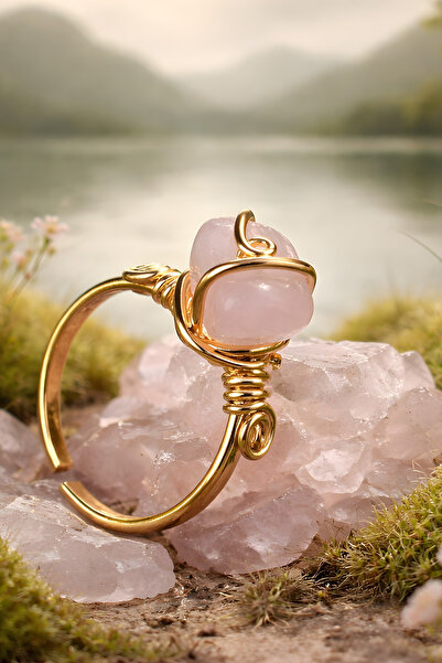 NBS Beautiful Naturel Stones Pembe Kuvars Gold Renk Yüzük Ayarlanabilir Bakır...