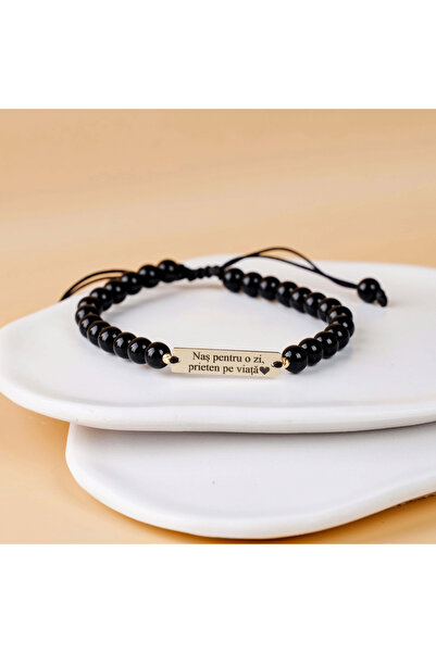 BLACK SWAN Bijoux Bratara cu bile negre onyx si aur - Placuta gravata din Aur...