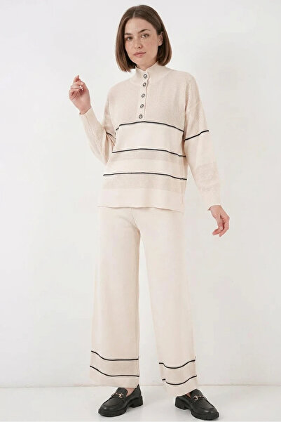 buğrahayalin Women's High Waist Wide Leg Oversize Striped Knitwear Ecru Set