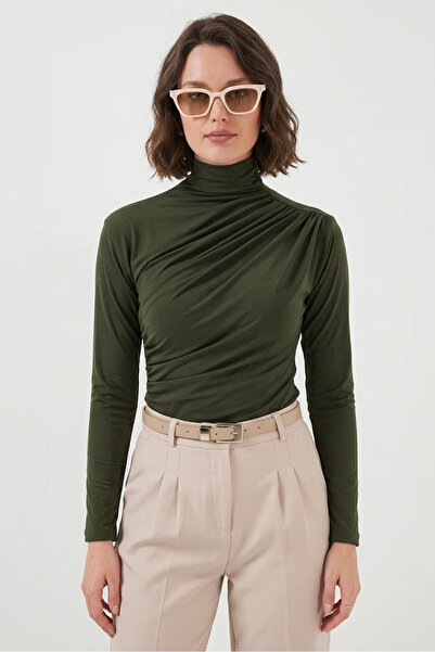 buğrahayalin Women's Turtleneck Gathered Detail Khaki Blouse