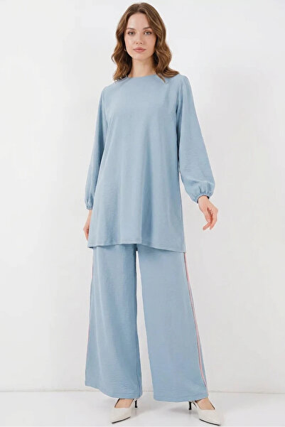 buğrahayalin Women's Round Neck Standard Long Sleeve Light Blue Two-Piece Set
