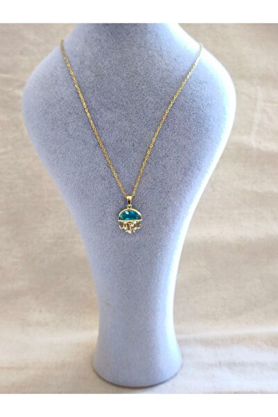 MuseumofYou Steel Necklace - Gold Plated Jellyfish Figured Blue Stone Necklace - Does Not Tarnish