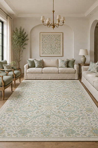 FULY CONSEPT Saçaklı Salon Halısı Krem Mint Osmanlı Floral Desenli TH-3039