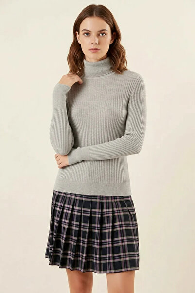 buğrahayalin Women's Turtleneck Vertical Ribbed Knitwear Gray Sweater