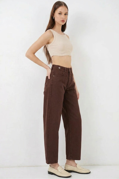 buğrahayalin Women's High Waist Denim Brown Trousers