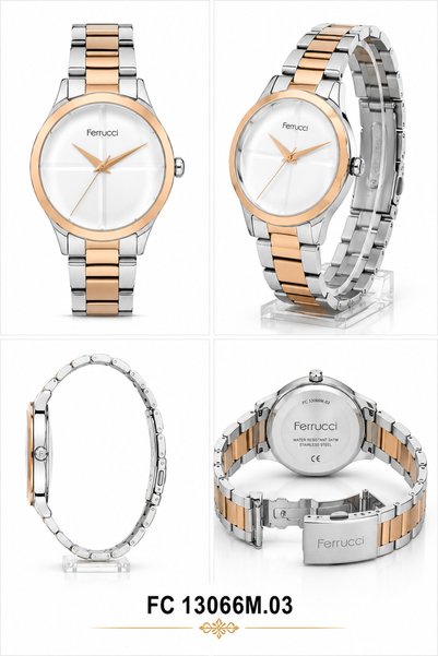 Ferrucci Crystal Glass Detailed Silver Dial Double Color Rose Gold Metal Cord Women Wrist Watch