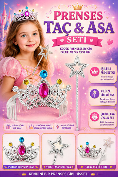 Tamsena Store Çocuk Prenses Taç ve Yıldızlı Asa Seti Gümüş Renk Prenses Kostü...