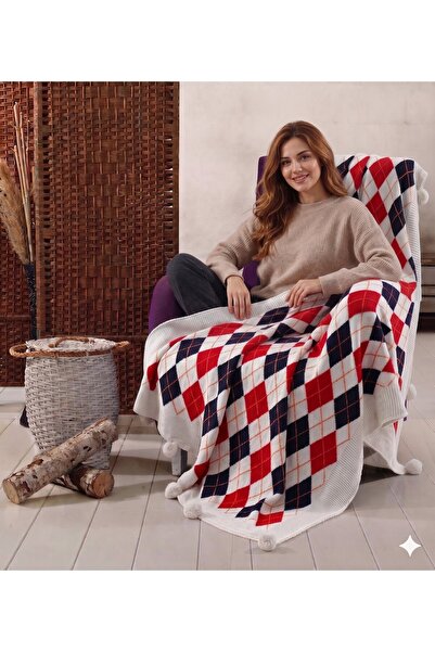 DOUX HOME بطانية تريكو محبوكة من باكلافا مع 10 بوم بوم مقاس 130 × 170 سم