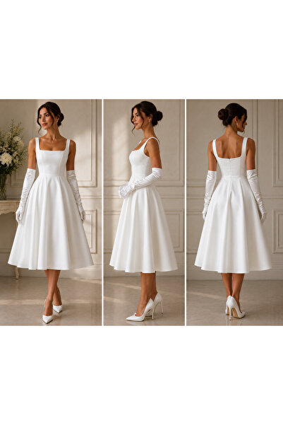 Cingıl Butik Kadın Beyaz Kare Yaka Saten Nikah Elbisesi