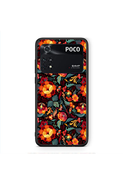 Other Xiaomi Poco M4 Pro 4G Orange flowers Black Glossy Θήκη