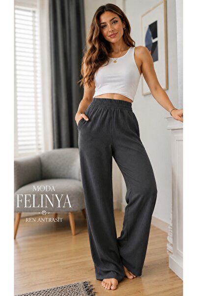 moda felinya KADIN ANTRASİT GRİ RENK YAZLIK BELİ LASTİKLİ BÜRÜMCÜK KUMAŞ PALA...