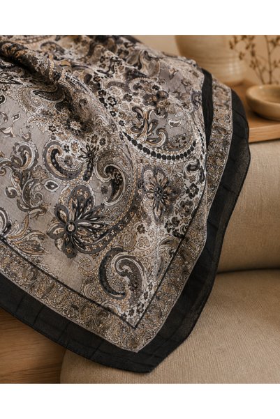 LUVINA Soft Gray Black Ethnic Patterned Summer Thin Crinkled Shawl