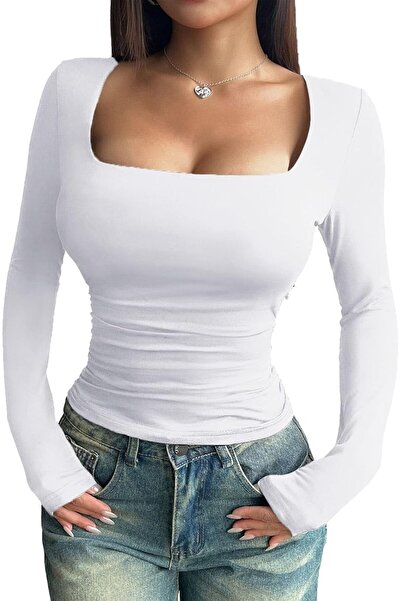 YNIQUE Women's Long Sleeve T-Shirt Crop Tops Sexy Slim Fit T-Shirt Square Nec...