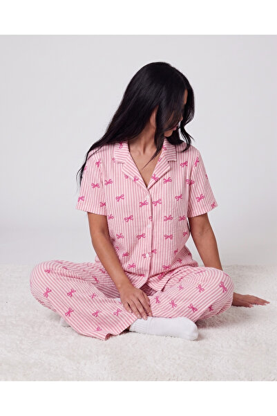 Feruzdesign Set de pijamale cu mânecă scurtă din țesătură cu model de funde roz
