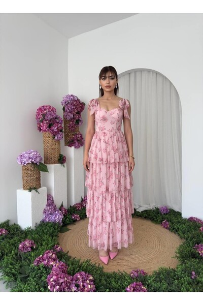 Caddebostan Moda Floral Patterned Shoulder Tie Layered Chiffon Dress Summer S...