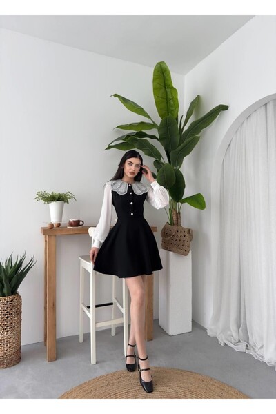 Caddebostan Moda Pearl Detailed Baby Collar Long Sleeve Stylish Mini Dress