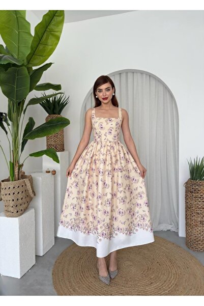Caddebostan Moda Women's Floral Patterned Square Neck Strap Midi Dress with P...